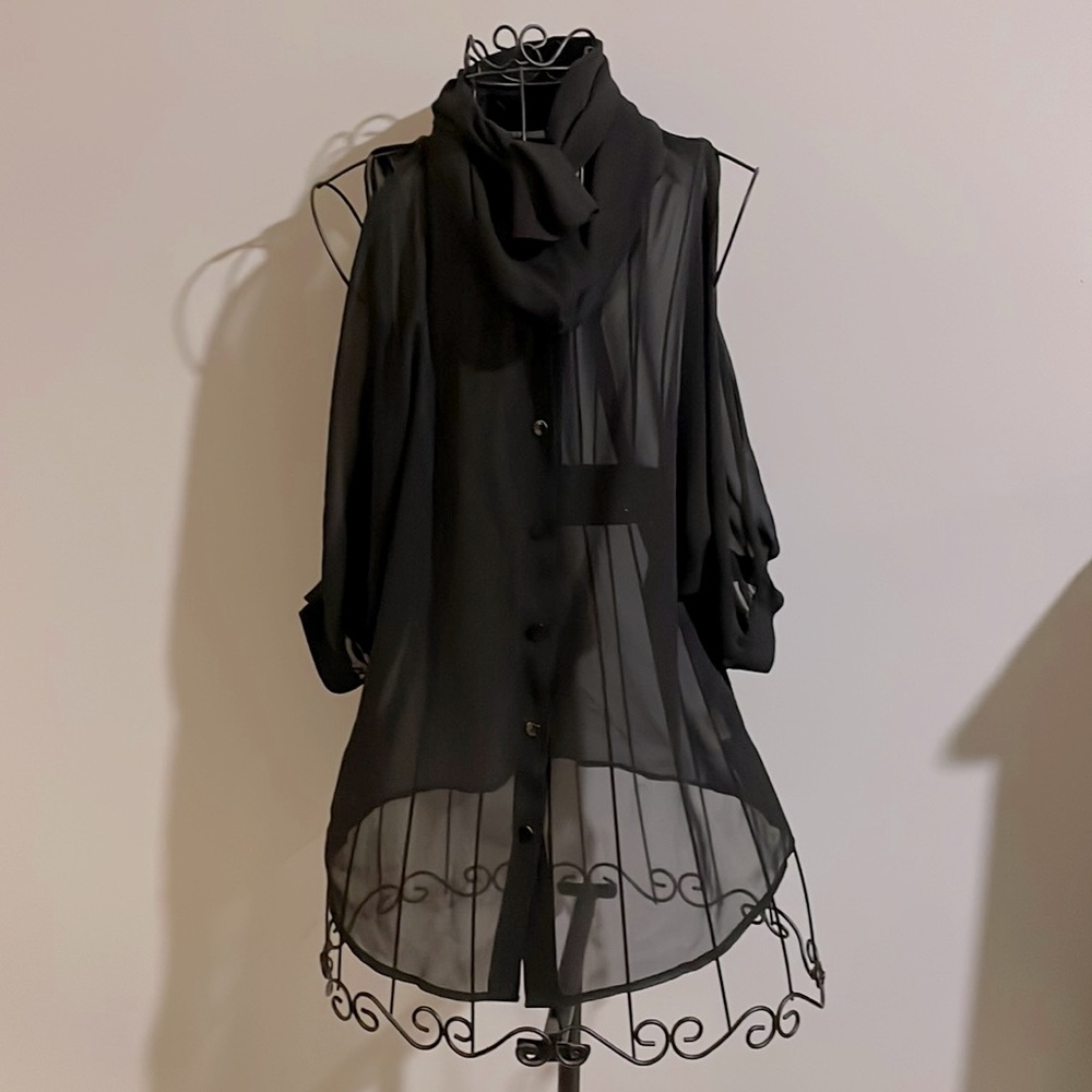 Sheer blouse with scarf tie